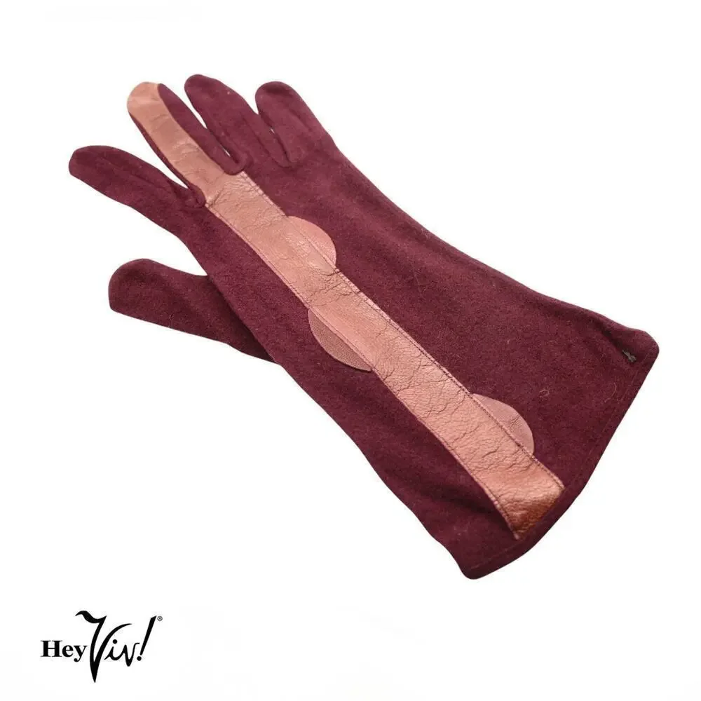 Vintage Gloves Burgundy Rayon w Leather Applique Wrist Length Sz 6 1/2 - Hey Viv